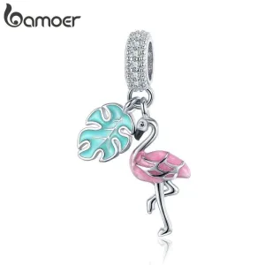 2er Dangle, emaillierter Rosa Flamingo und Blatt | 925 Silber Beads & Charms brand: Bamoer