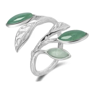 Offener Fingerring mit Blättern und grünem Aventurin | 925 Ringe