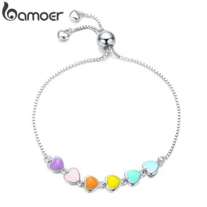 Bunt emaillierte Herzen an Silber-Armkette mit Slider | 925 Armband