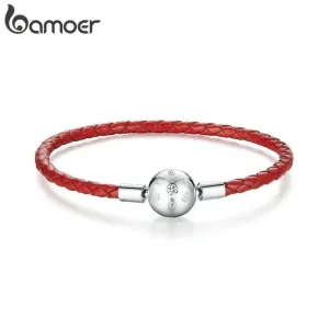 Rotes Leder-Armband mit Silberkugel, auch für Beads (17/19cm) | 925 Armband