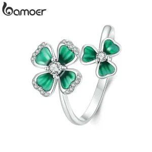 Grüner Blüten-Ring! Kleeblatt oder Glücksklee in Emaille, verstellbar | 925 Silber Ringe brand: Bamoer