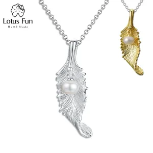 Designer Blatt mit Echter Perle! Perlenschmuck Halskette, Muschelperle in Gold, Silber | 925 Anhänger brand: Lotus Fun