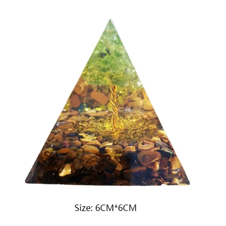 6cm Lebensbaum-Pyramide mit Tigerauge und Peridot, Orgonit-Pyramide, natürliche Energie-Deko, goldener Baum, Heilsteine.