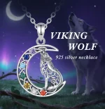Chakra Mond Wolf Amulett, 925 Silber Anhänger mit Halskette. Mondwolf mit Zirkonia-Kristallen, keltischer Knoten, Silberschmuck.
