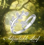 Offener Blatt-Ring: Fiederblatt Wrap-Design mit Zirkonia-Kristallen. 925 Silberring, filigran, verstellbar, glänzend. Blätter-Motiv.