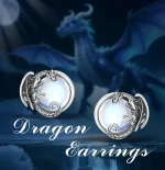 Mondstein Drachen Ohrstecker, 925 Silber. Vintage Gothic Ohrringe mit detailliertem Drachen und schimmerndem Mondstein. Mystischer Drachenschmuck.