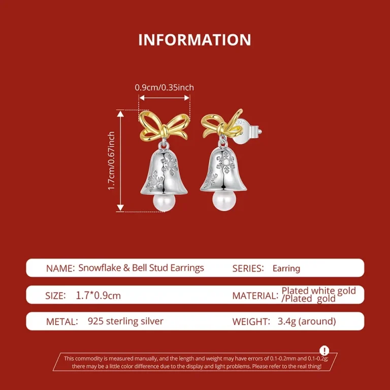 Festliche Weihnachts-Glocken Ohrstecker: 925 Silber Ohrringe mit Gold Schleife, Perle, Schneeflocken-Details. Detailreiche Verarbeitung.