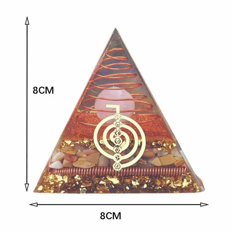 Orgonit Pyramide 8cm: Energie-Deko mit Rosenquarz-Kugel, Draht-Spiralen, Goldpartikel und Heilsteinen. Orgon-Pyramiden für positive Energie.