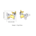 Welsh Corgi Ohrstecker, 925 Silber Ohrringe mit Zirkonia-Herz. Goldfarbene Hunde-Ohrringe im Detail, Maße und Gewicht. Süße Hunderasse.