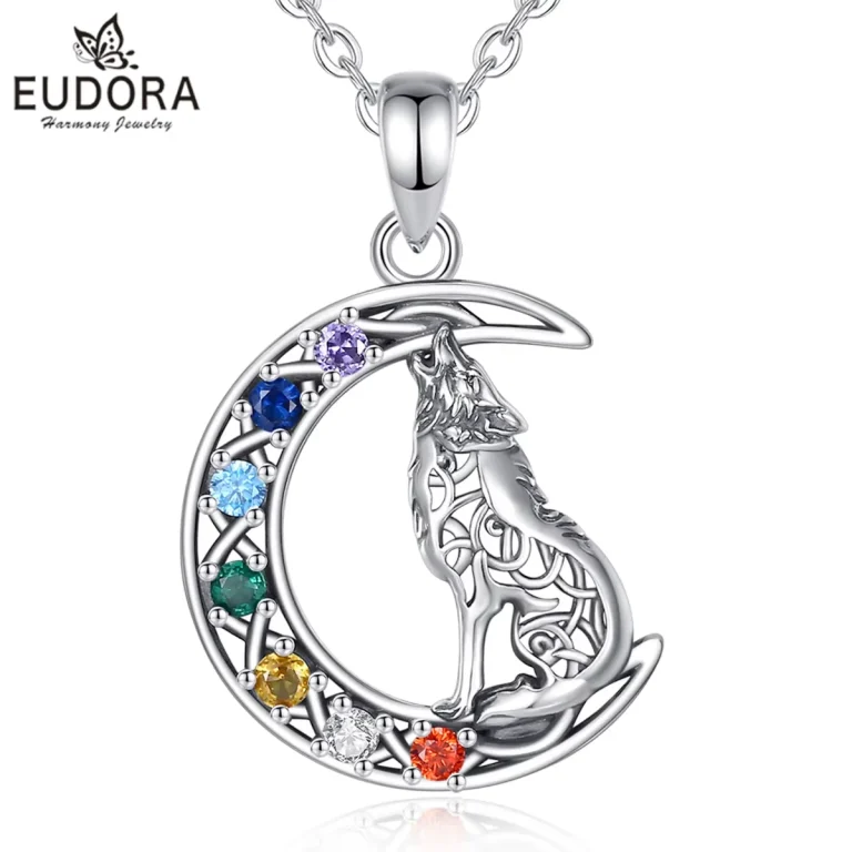 Chakra Mond Wolf Amulett, 925 Silber Anhänger mit Zirkonia Kristallen. Mondwolf Halskette, filigraner Wolf im Halbmond Design.