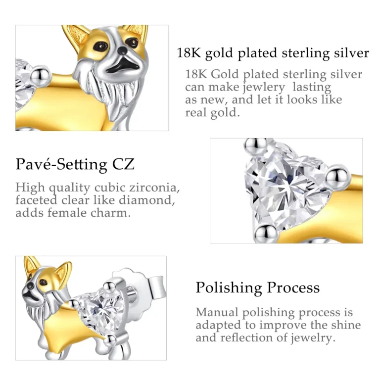 Welsh Corgi Ohrstecker, Hunde-Ohrringe: 925 Silber, Zirkonia-Herz, Goldplattiert. Süße Hunde-Ohrstecker, Hunderasse Schmuck, Tier-Ohrschmuck.