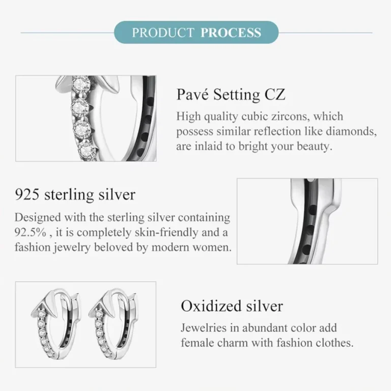Zirkonia Pfeil Creolen Detail: 925 Silber Ohrringe mit funkelnden Kristallen im Pavé-Setting, Liebespfeil Ohrschmuck, oxidiertes Silber.