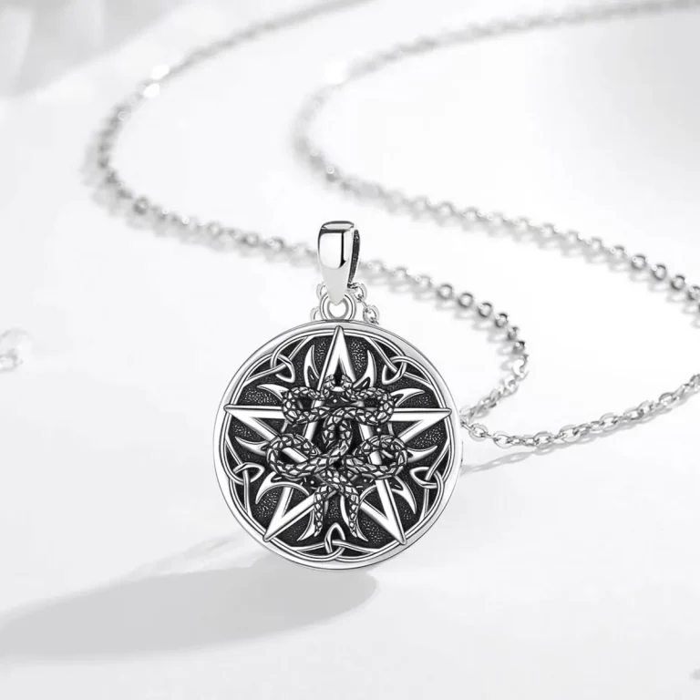 Schlangen-Pentagramm Halskette, 925 Silber Anhänger mit detailreicher Schlangen-Wicklung, Hexen Magie Schmuck für Herren, Feuer-Mond Motiv