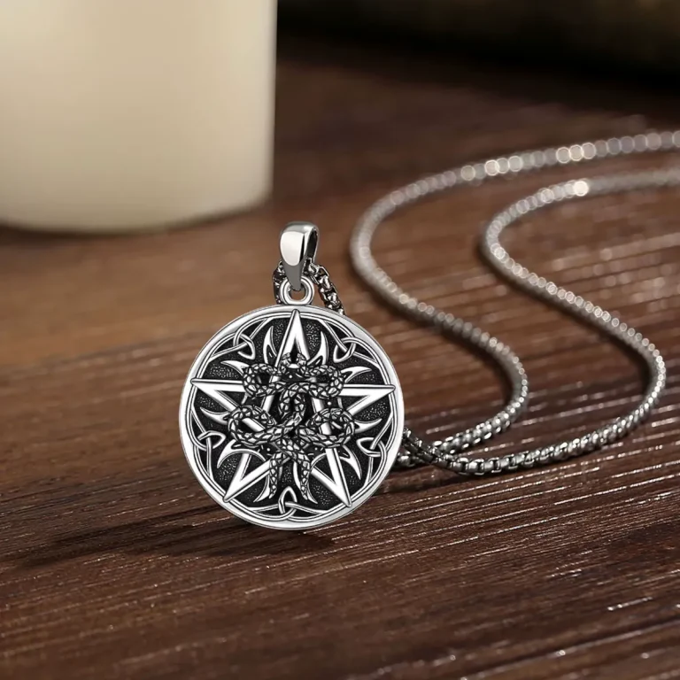 Schlangen-Pentagramm Halskette: 925 Silber Anhänger mit zwei Schlangen, Feuer-Monden Motiv, Hexen Magie Schmuck für Damen und Herren.