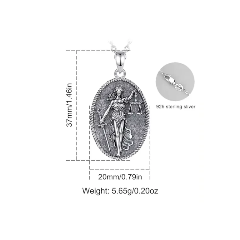 Justitia Anhänger, Göttin der Gerechtigkeit mit Schwert und Waage. 925 Silber Amulett, detailliert gearbeitet, Kettenverschluss, Maße.