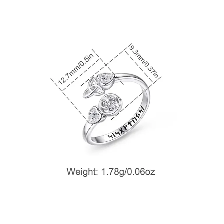 Keltischer Romantik Runenring: 925 Silber Ring mit Zirkonia-Herzen, Triskele & Runen-Gravur. Offenes Wrap-Design, keltischer Knoten, Herz-Kristalle.