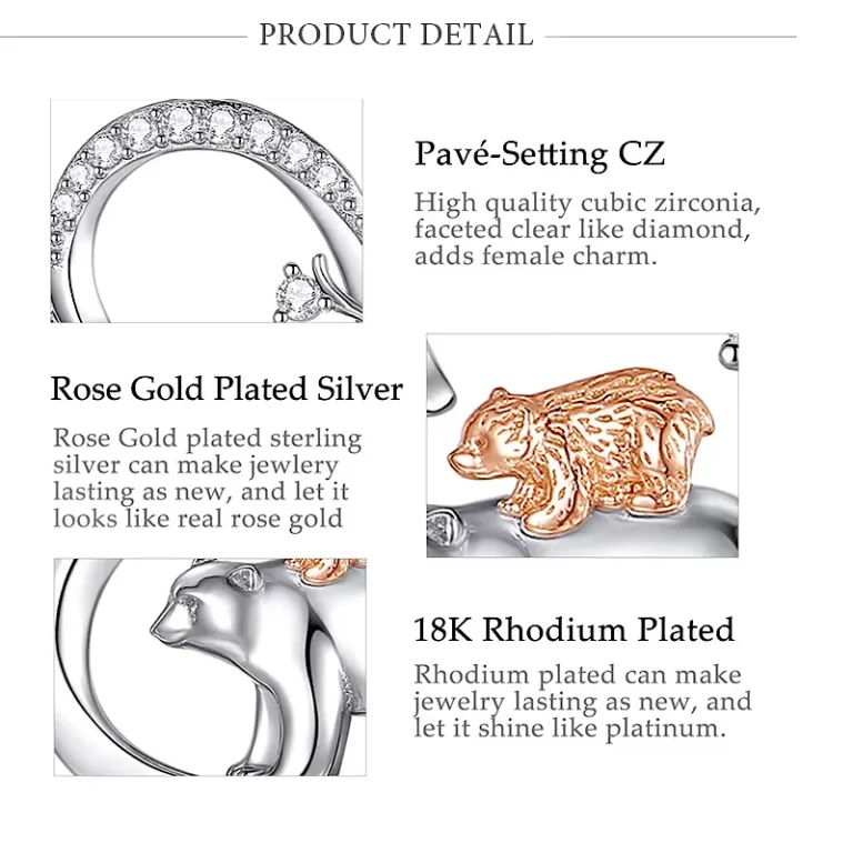 Herz Bären-Mutter Halskette Detail: Rotgold Bär Baby Anhänger, 925 Silber, Zirkonia Pavé, Mutterliebe Schmuck, filigran, Nahaufnahme