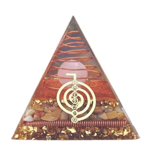 Orgonit Pyramide mit Rosenquarz-Kugel, Draht-Spiralen, goldene Akzente, Energie-Deko, Orgon-Pyramiden, 8cm, Chakren-Symbol.