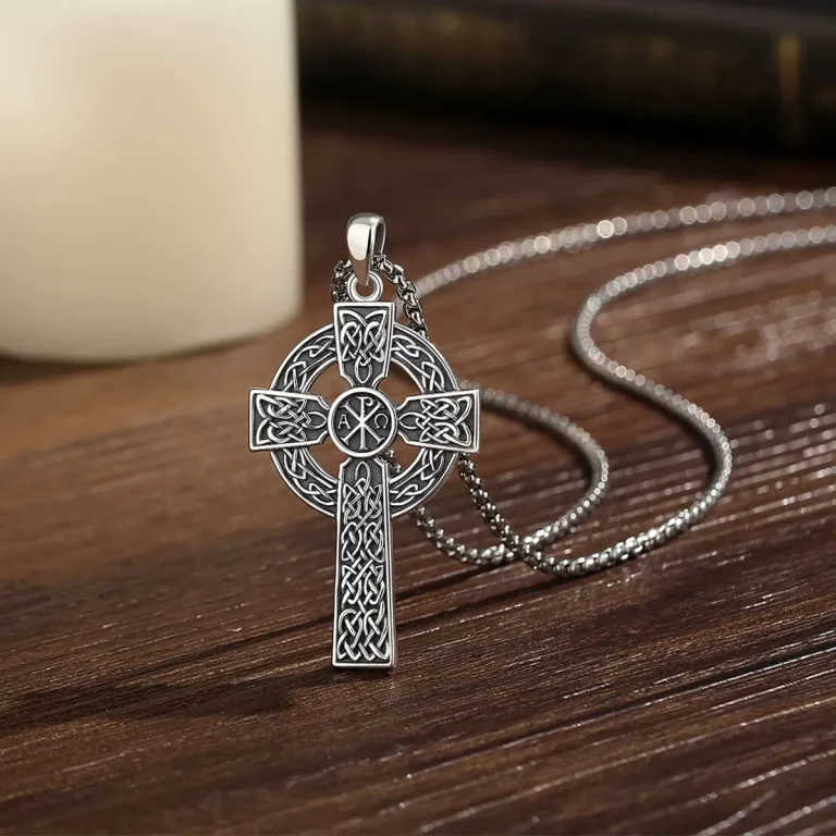 Keltisches Kreuz Radkreuz Chi-Rho Amulett Halskette Herren, 925 Silber Anhänger mit filigranem Knotenmuster und Kette