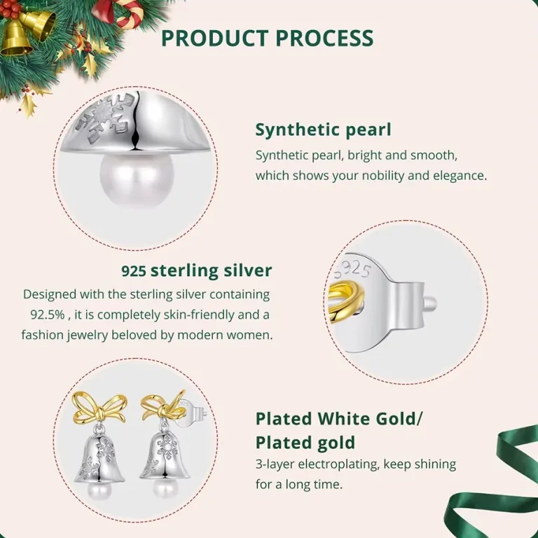 Festliche Weihnachts-Glocken Ohrstecker Detail: 925 Silber Ohrringe mit Gold Schleife, Perlen, filigranes Schneeflocken Muster, festlicher Schmuck