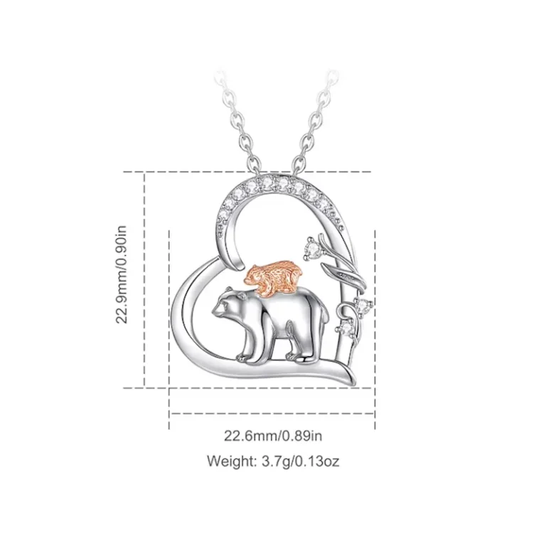 Herz Bären-Mutter Halskette: 925 Silber Anhänger mit Rotgold Baby-Bär, Zirkonia-Herz. Mutterliebe Schmuck, Bärenfamilie Kette.