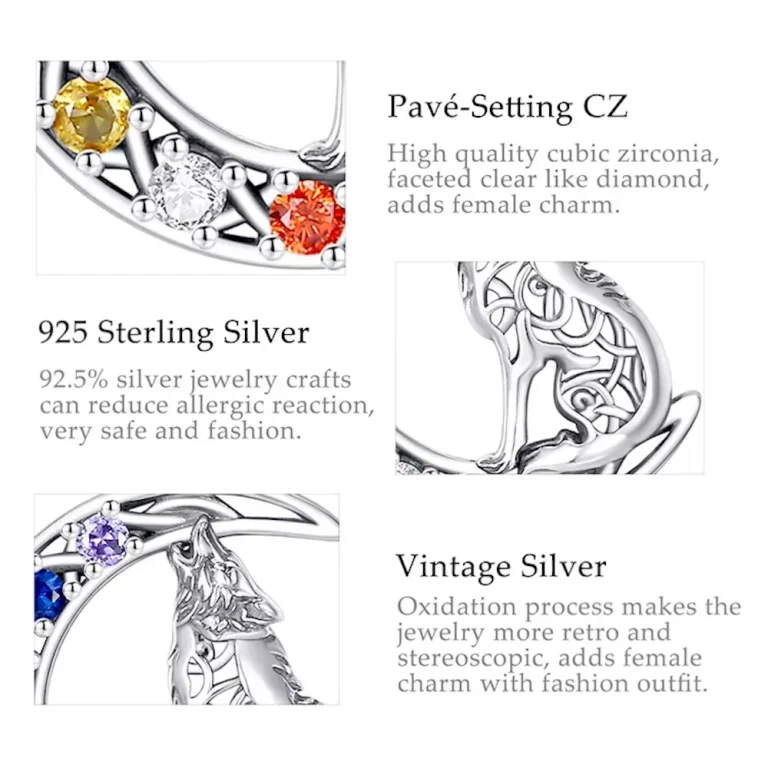Chakra Mond Wolf Amulett Details: 925 Silber Anhänger, Mondwolf mit Zirkonia Kristallen, Vintage Silber, Pavé-Setting, Schmuckdetails
