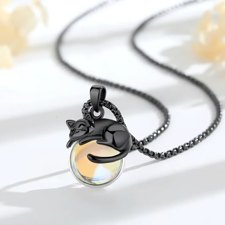 Schwarze Mond-Katze Halskette: 925 Silber Anhänger mit schlafender Katze auf schimmerndem Mondstein Glas. Krafttier Schmuck.