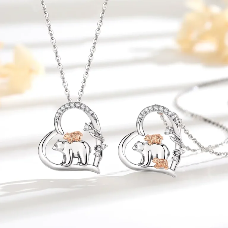 Herz Bären-Mutter Halskette: 925 Silber Anhänger mit Rotgold Baby-Bär, Zirkonia Herz, Mutterliebe Schmuck, Muttertagsgeschenk.