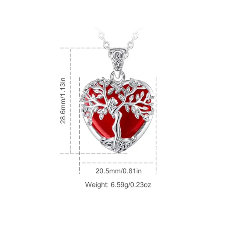 Rotes Lebensbaum Herz Halskette, Baum-Göttin Anhänger mit Karneol. Silberfarben, filigran. Edelstein Schmuck mit Heilstein.