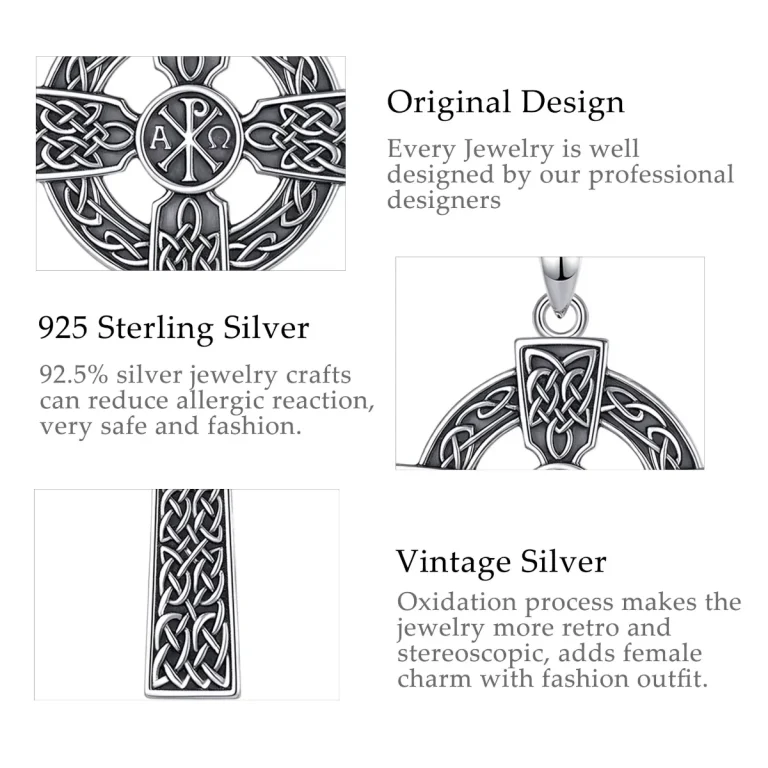 Keltisches Kreuz Radkreuz Anhänger, 925 Silber, Chi-Rho Amulett Details, Herren Halskette, Vintage-Stil, keltische Knotenmuster, Schutz-Symbol.