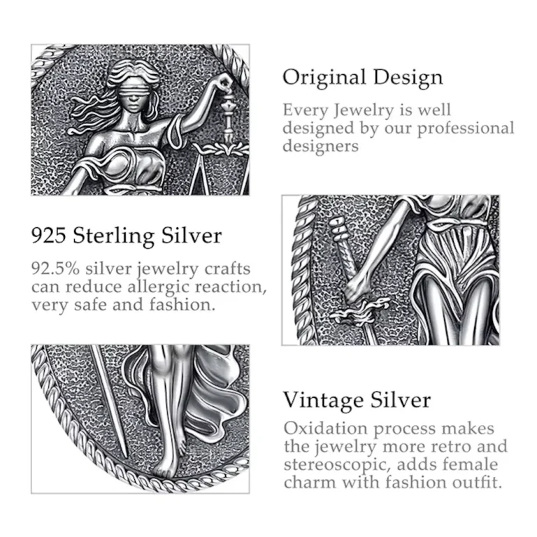 Justitia Anhänger Details: Antike Göttin der Gerechtigkeit mit Schwert und Waage, 925 Silber Amulett, Vintage Silber Oxidation, filigrane Details