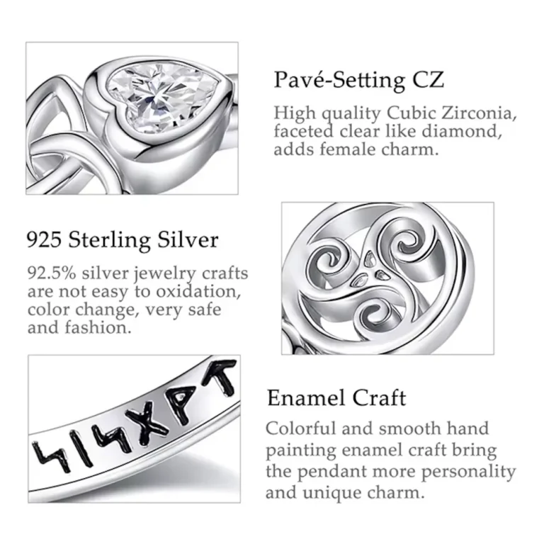 Keltischer Romantik Runenring aus 925 Silber: Herzförmiger Zirkonia, Triskele-Detail, Runen-Gravur. Offenes Wrap-Design, keltischer Knoten.